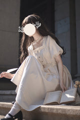 Apricot [Random Thoughts] Square Collar Short Sleeves Ruffle Classic Vintage Elegant Lolita Dress - Product - 10