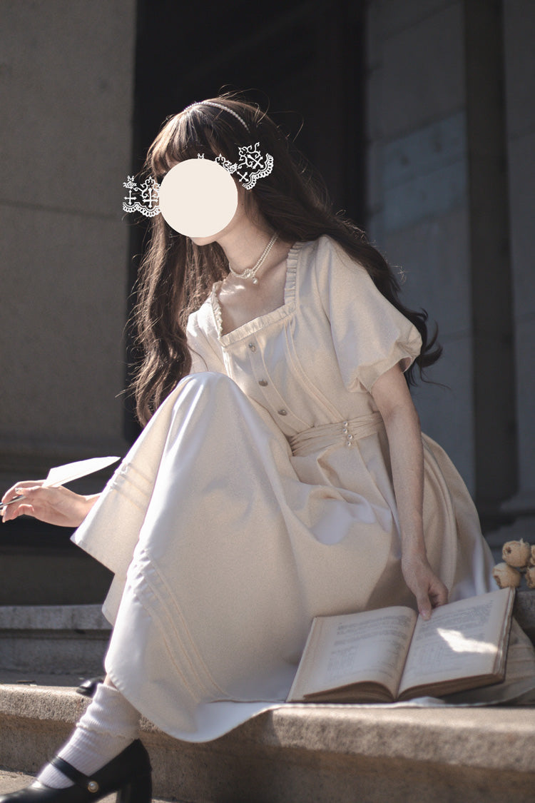 Apricot [Random Thoughts] Square Collar Short Sleeves Ruffle Classic Vintage Elegant Lolita Dress - Product - 10