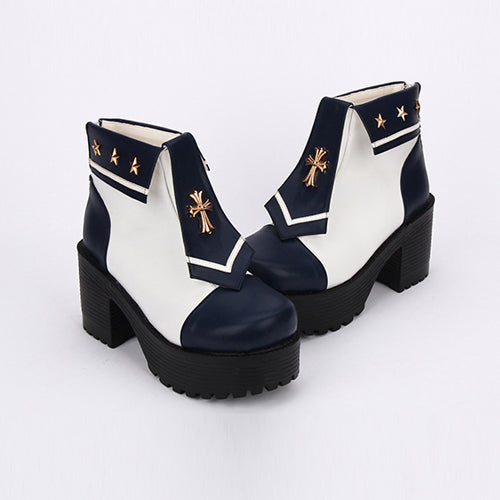 Navy Style Cross Decoration High Heel Sweet Lolita Boots - Dark Blue - 1
