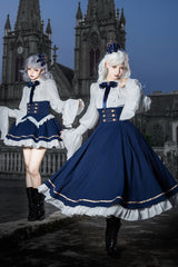 Blue [Eternal Crown] Stand Collar Long Lantern Sleeves Ruffled Color-Blocked Faux Two-Piece Classic Royal Lolita Dress 2 Versions - Product - 5