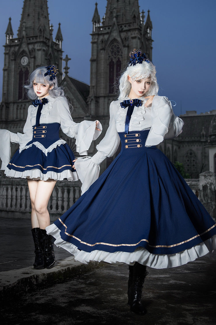 Blue [Eternal Crown] Stand Collar Long Lantern Sleeves Ruffled Color-Blocked Faux Two-Piece Classic Royal Lolita Dress 2 Versions - Product - 5