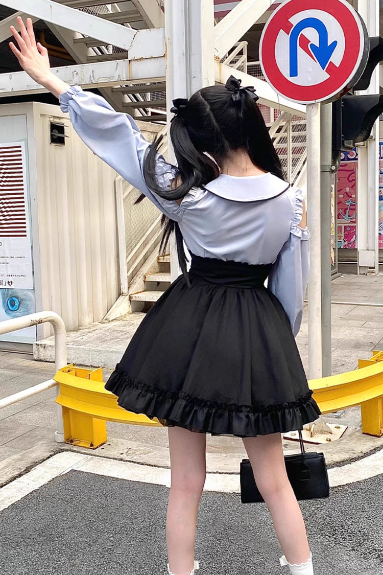 Black/Blue Off Shoulder Long Sleeves Ruffle Bowknot Sweet Jirai Kei Japanese Set - Product - 10