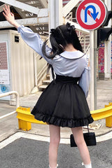 Black/Blue Off Shoulder Long Sleeves Ruffle Bowknot Sweet Jirai Kei Japanese Set - Product - 10