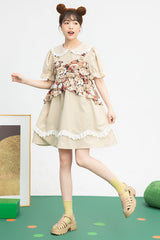 Beige Vintage Doll Collar Bear Print Fake Two Pieces Short Sleeves Sweet Lolita Dress - Product - 4
