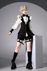 Black/White Stand Collar Long Sleeves Bowknot Gothic Prince Ouji Lolita Blouse Shorts Swallowtail Vest Set - Product - 2