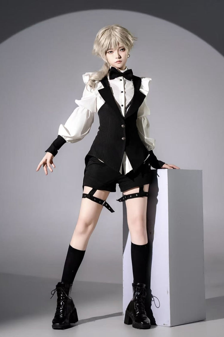 Black/White Stand Collar Long Sleeves Bowknot Gothic Prince Ouji Lolita Blouse Shorts Swallowtail Vest Set - Product - 2