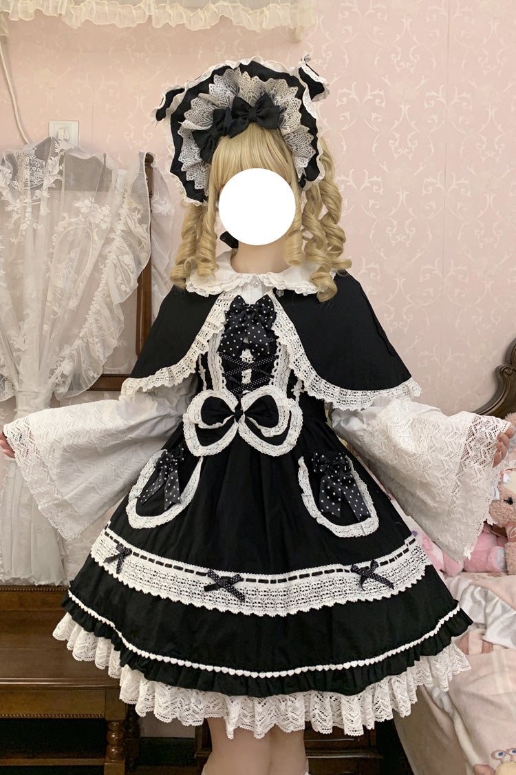Black/White [Bobo Bunny Doll] Ruffled Bow Lace-Up Sweet Lolita Jsk Dress - Black/White - 1