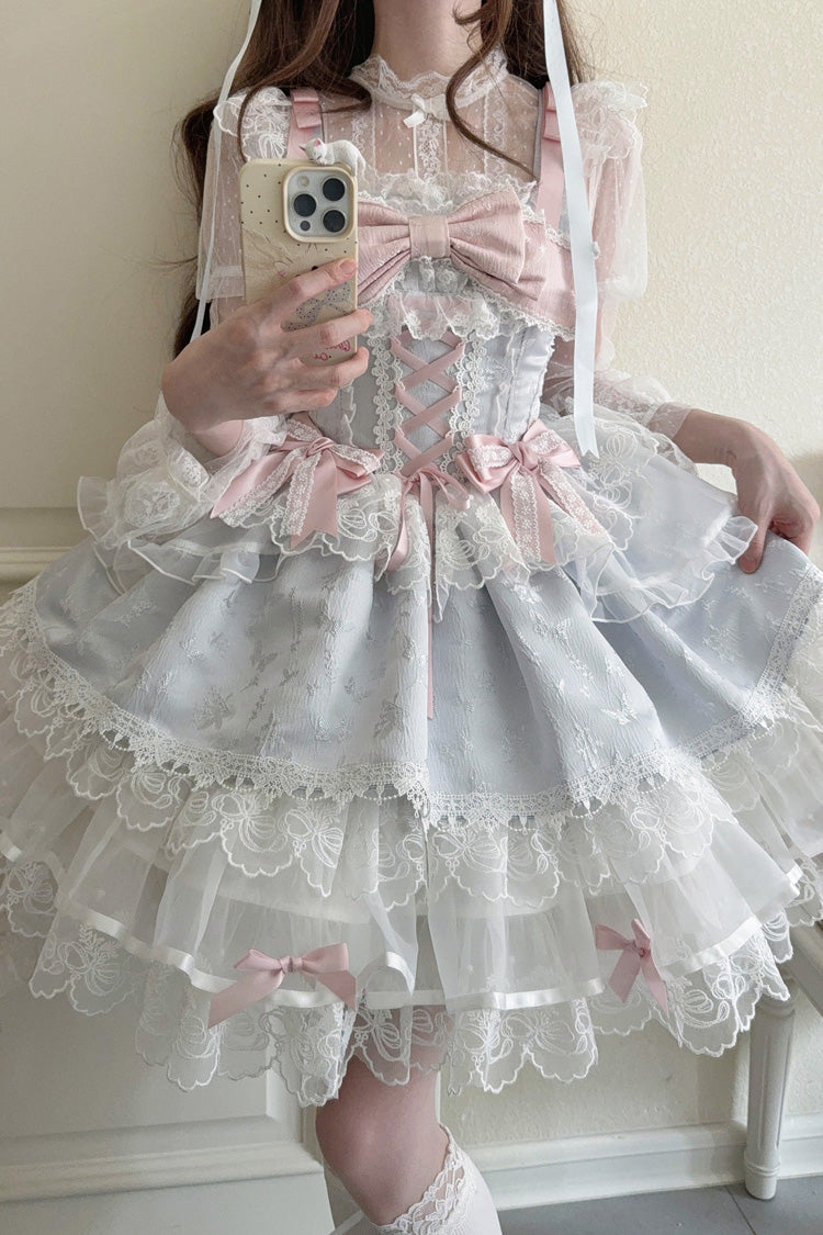 Blue [Fleishi Island] Sleeveless Ruffle Bowknot Lace Slim Sweet Ballet Lolita Jsk Dress - Product - 11