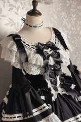 Black [Rabbit Sleeping Doll] Long Trumpet Sleeves Ruffle Bowknot Lace Sweet Lolita Dress - Product - 9
