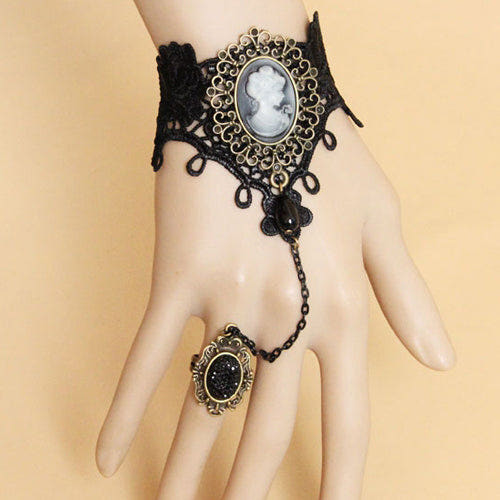 Black Retro Fashion Handmade Lace Pearl Beauty Portrait Female Gothic Lolita Ring Bracelet - Black - 1