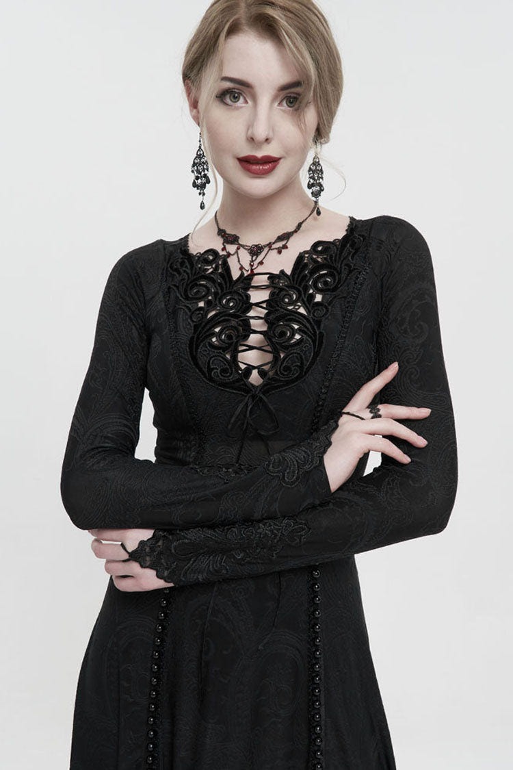 Black Long Sleeve Long Knitting Symmetrical Applique And String at The Chest Women's Gothic Dress - Product - 8
