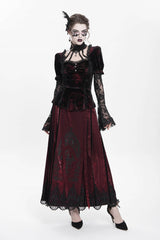 Red  Long Trumpet Sleeves Lace Mesh Faux Two-Piece Pleated Eyelet Women's Gothic Palace Velvet Blouse - Product - 8