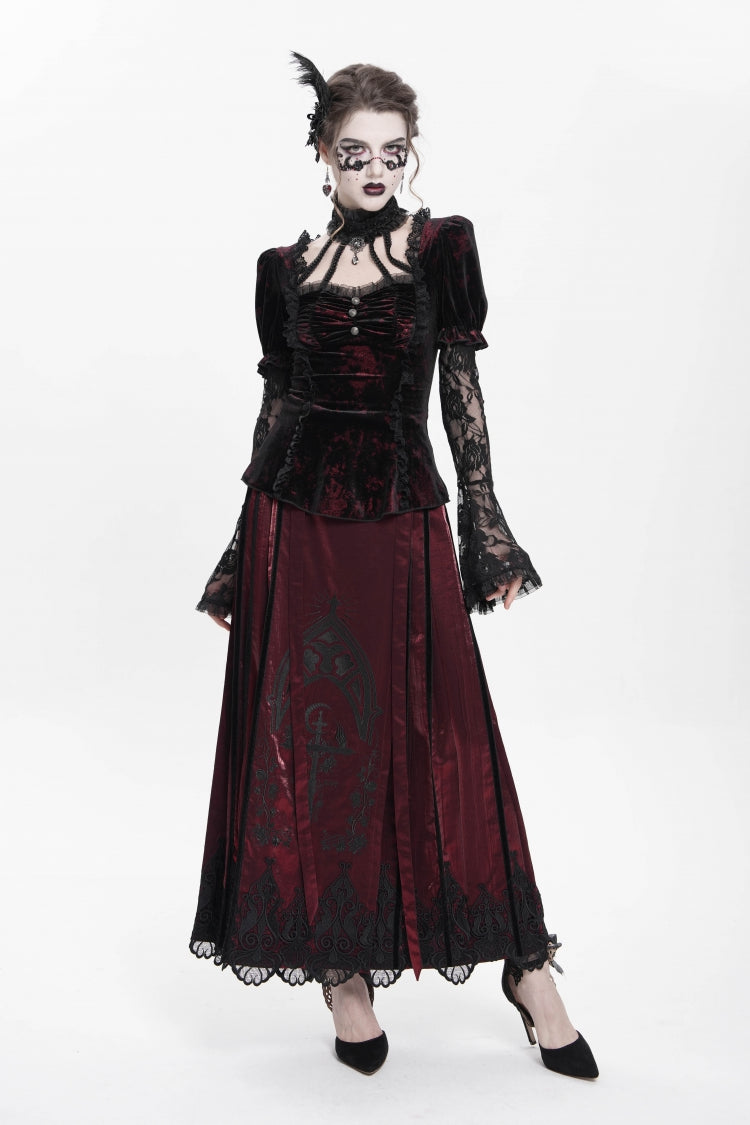 Red  Long Trumpet Sleeves Lace Mesh Faux Two-Piece Pleated Eyelet Women's Gothic Palace Velvet Blouse - Product - 8