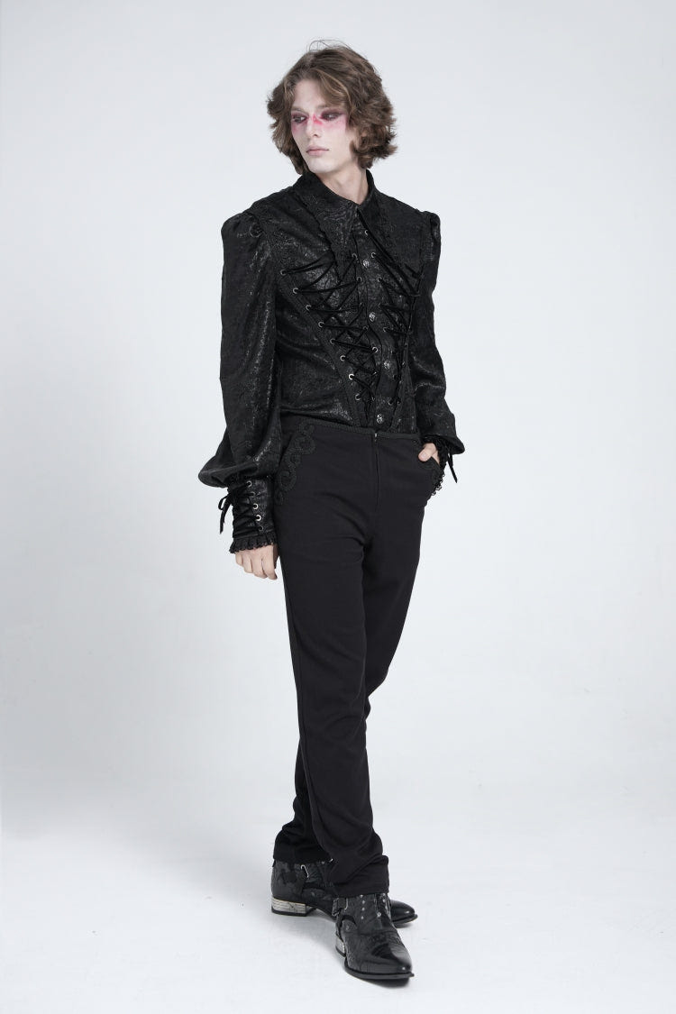 Black Long Puff Sleeves Jacquard Lace Men's Gothic Blouse - Product - 8