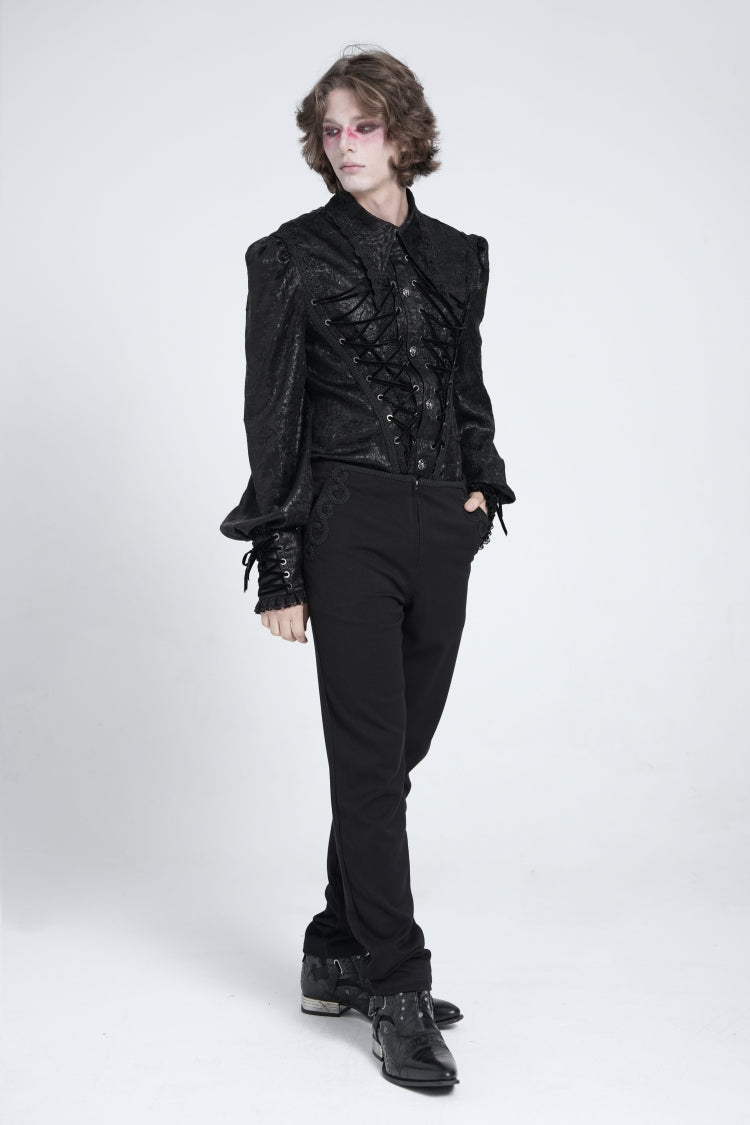 Black Long Puff Sleeves Jacquard Lace Men's Gothic Blouse - Product - 8
