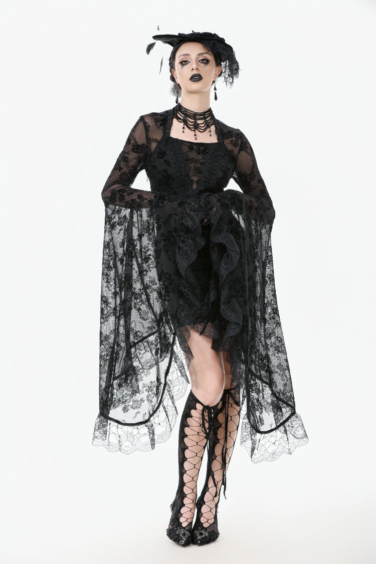 Black Square Collar Long Trumpet Sleeves Mesh Embroidered Lace Lace-Up Women's Gothic Dress - Product - 11