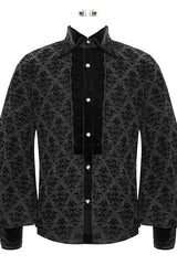 Black Court Pattern Flocking Lantern Sleeves Mens Gothic Blouse - Product - 4