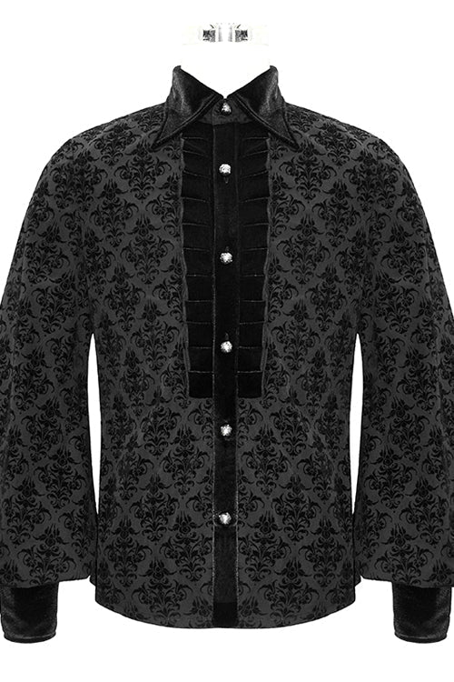 Black Court Pattern Flocking Lantern Sleeves Mens Gothic Blouse - Product - 4