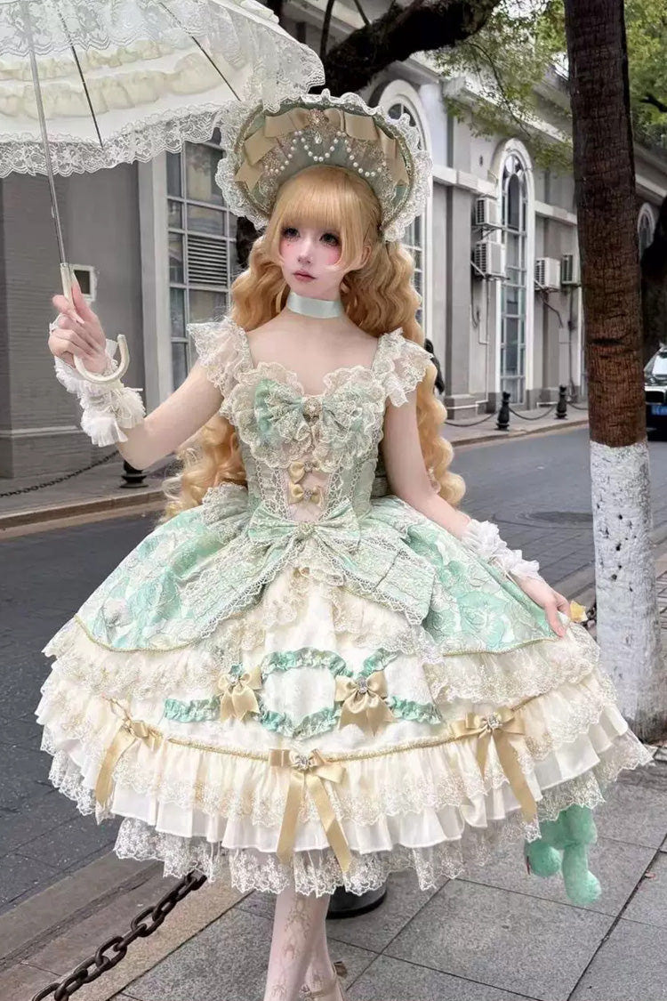 Green [Gilded Waltz] Square Collar Sleeveless Printed Ruffled Embroidered Bow Lace Gorgeous Sweet Lolita Jsk Dress - Product - 4