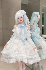 White Detachable Long Trumpet Sleeves Triple-Layered Ruffle Hanayome Bowknot Lace Sweet Lolita Dress - Product - 3