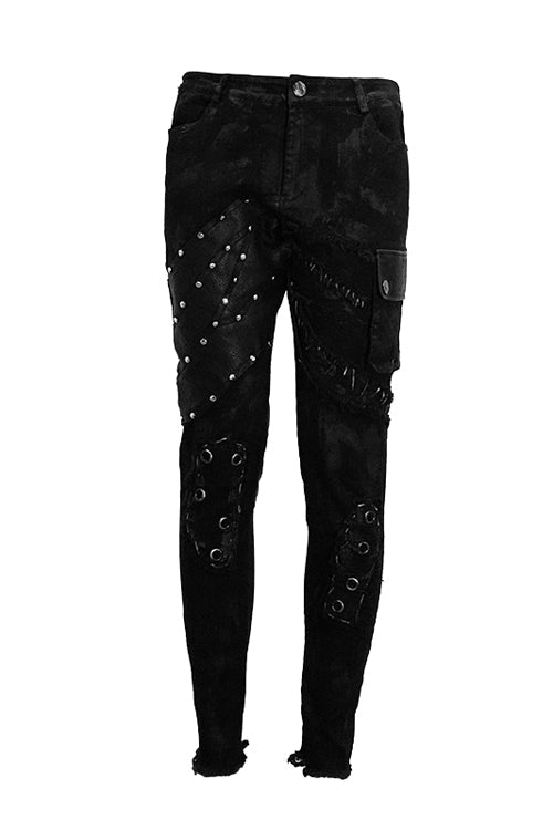 Black Heavy Metal Patchwork Hand Painted Pockets Mens Pants - Black - 1