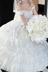 White [Maiden Lace] Off Shoulder Triple-Layered Ruffle Hanayome Bowknot Lace Sweet Lolita Jsk Dress - Product - 8