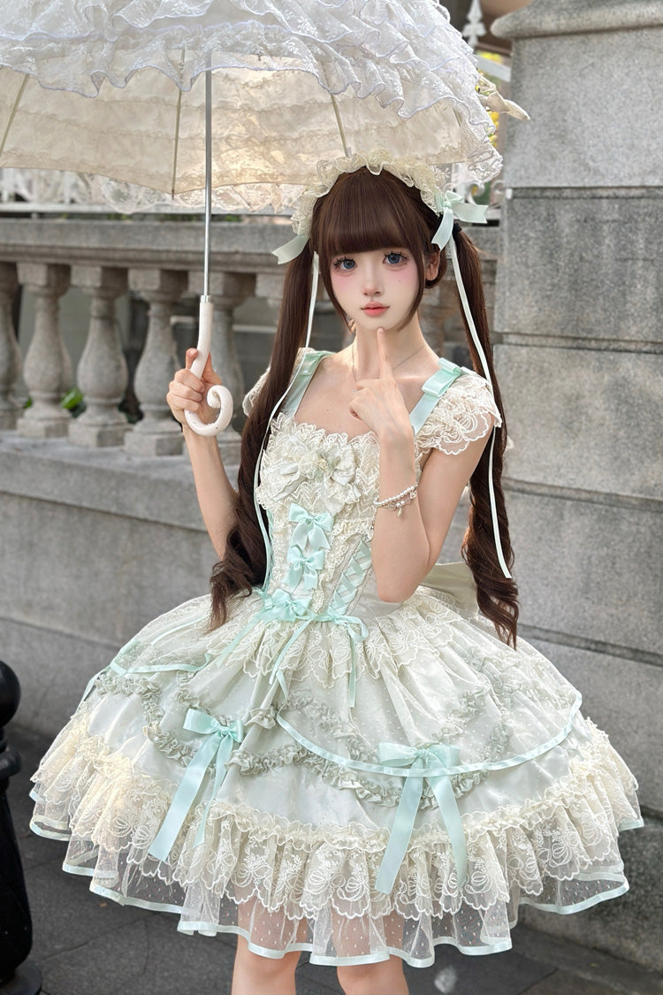 Light Green [Dreaming Butterfly] Multi-Layered Jacquard Ruffle Bowknot Lace Sweet Princess Lolita Jsk Dress - Product - 4