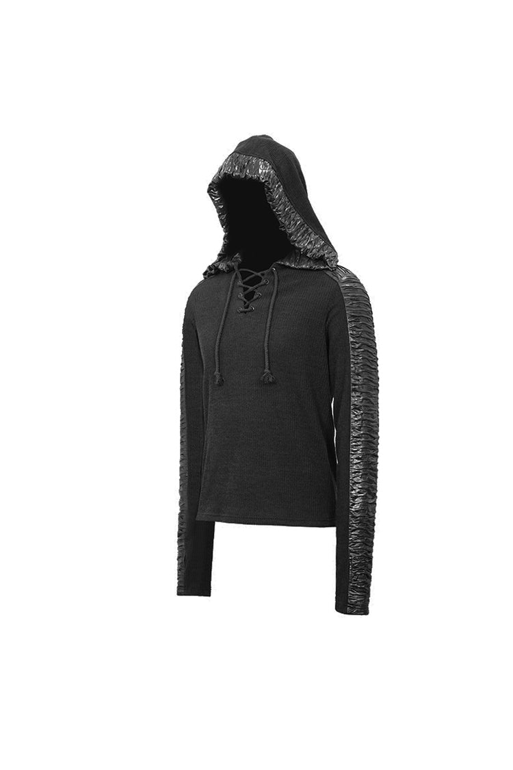 Black Chest Lace Up Vertical Stripes Woolen Splice Bright Crimped Fabric Hooded Men's Punk T-Shirt - Product - 7