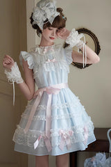 Blue [Frosted Cake] Stand Collar Sleeveless Ruffled Bow Lace Sweet Japanese Princess Lolita Tiered Dress - Product - 2