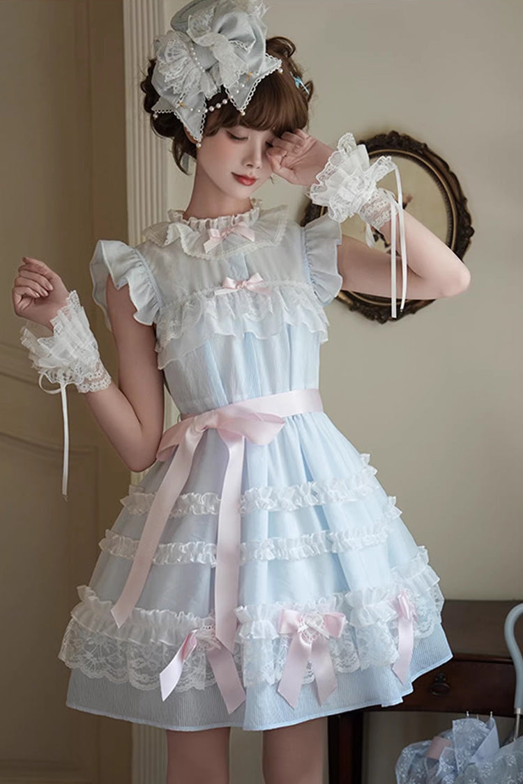 Blue [Frosted Cake] Stand Collar Sleeveless Ruffled Bow Lace Sweet Japanese Princess Lolita Tiered Dress - Product - 2