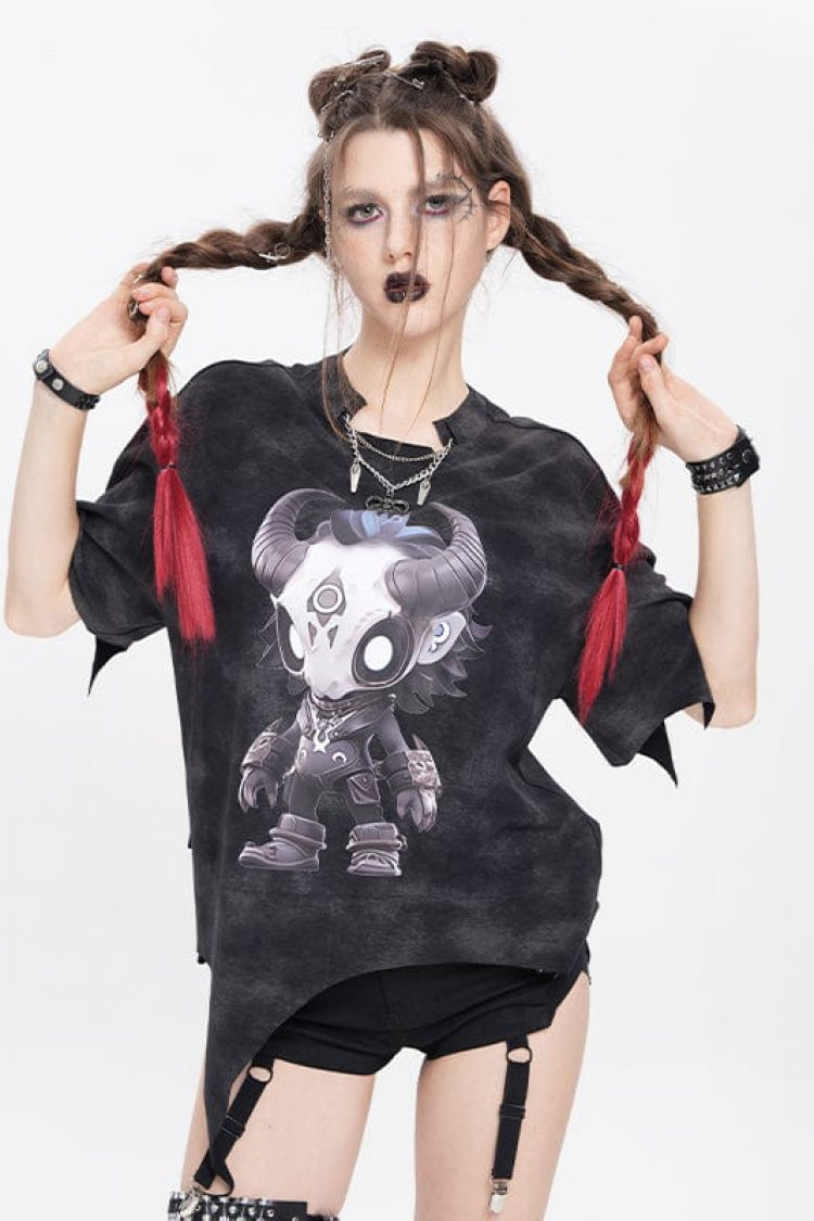 Black Short Sleeves Hitt Print Irregular Women's Punk T-Shirt - Product - 2