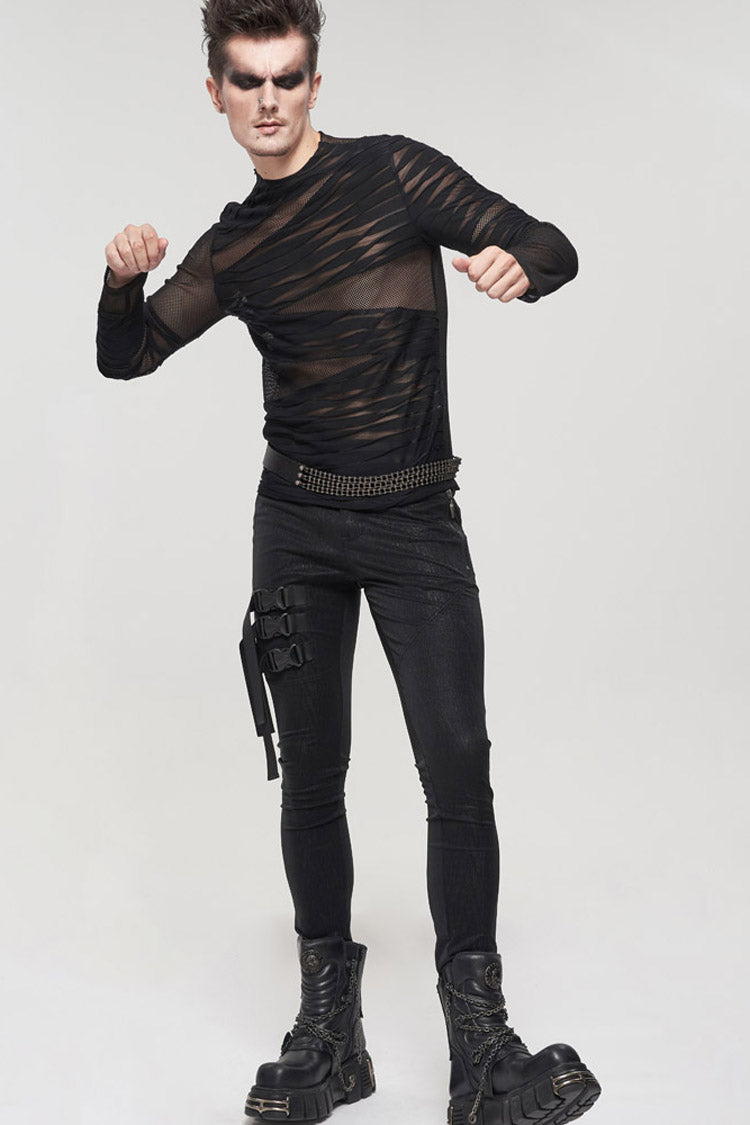 Black Gothic Bandage Design Net Yarn Perspective Men's Sweater - Product - 10