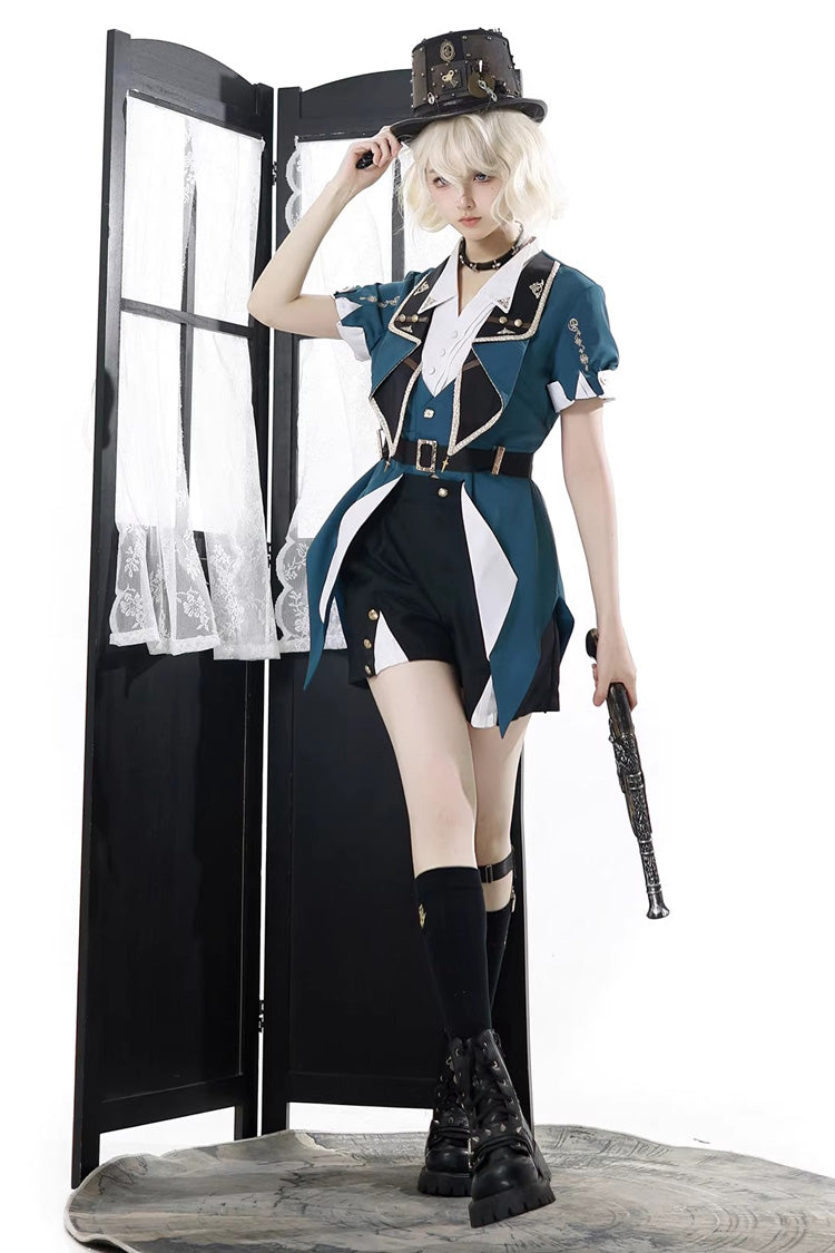 Black/Green [Anlexia Bookstore] Square Collar Short Sleeves Embroidered Studded Gothic College Style Prince Handsome Ouji Lolita Set - Black/Green(Set) - 1