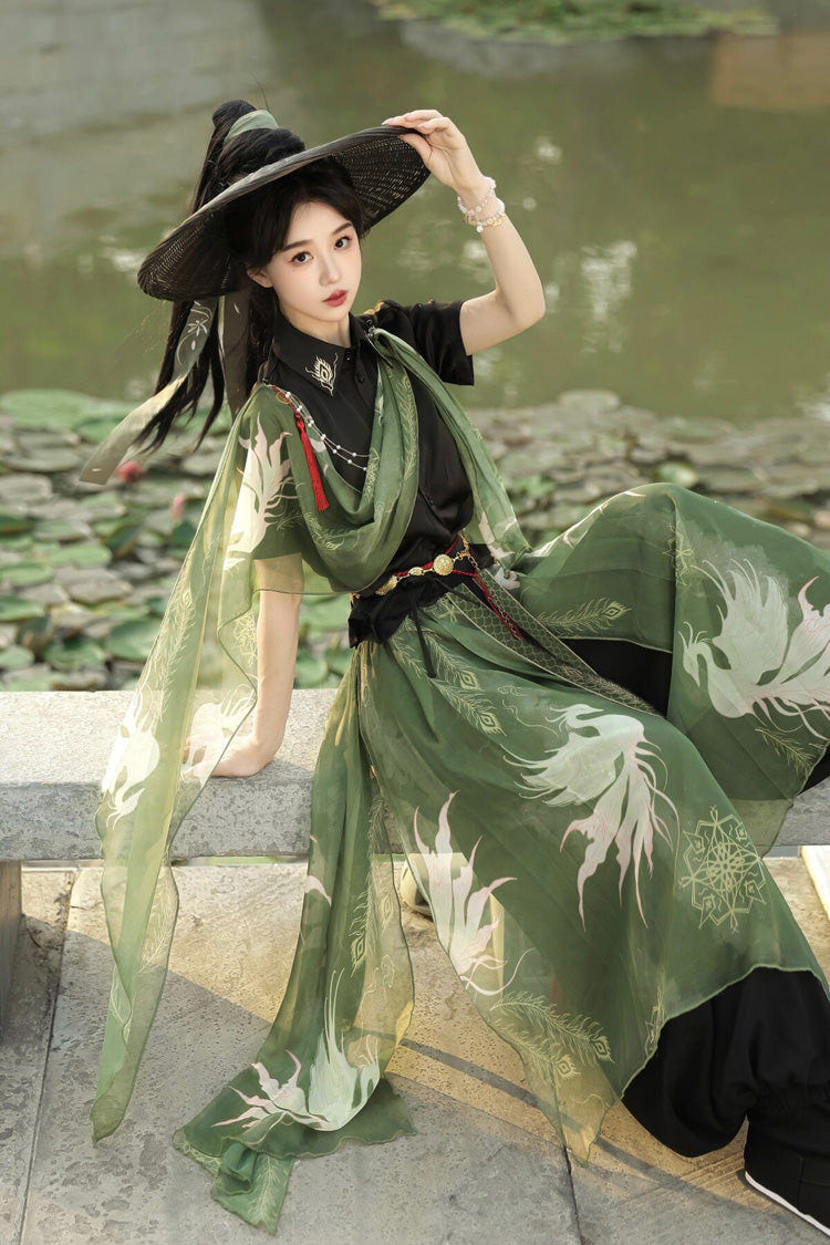Black/Green Lapel Collar Short Sleeves Embroidered Sweet Chinese Inspired Wuxia Style Ouji Hanfu Pants Set - Product - 9