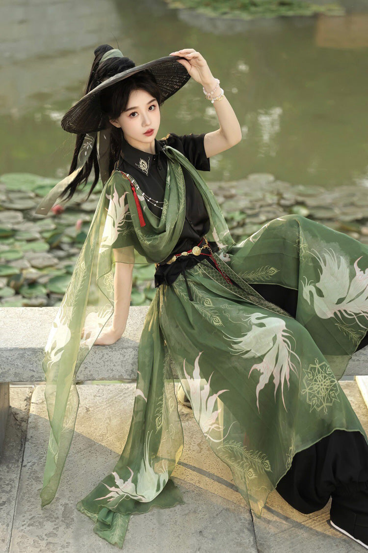 Black/Green Lapel Collar Short Sleeves Embroidered Sweet Chinese Inspired Wuxia Style Ouji Hanfu Pants Set - Product - 9