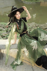 Black/Green Lapel Collar Short Sleeves Embroidered Sweet Chinese Inspired Wuxia Style Ouji Hanfu Pants Set - Product - 9