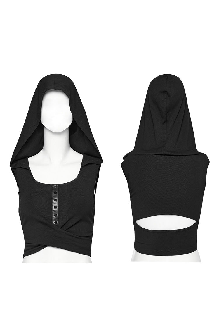 Black Sleeveless Cutout Crossed Hooded Women's Punk Tank Top - Product - 3