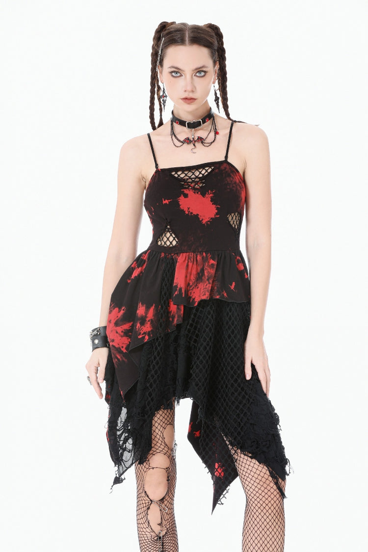 Black/Red Sleeveless Irregular Mesh Tie Dye Women's Punk Slip Dress - Product - 6