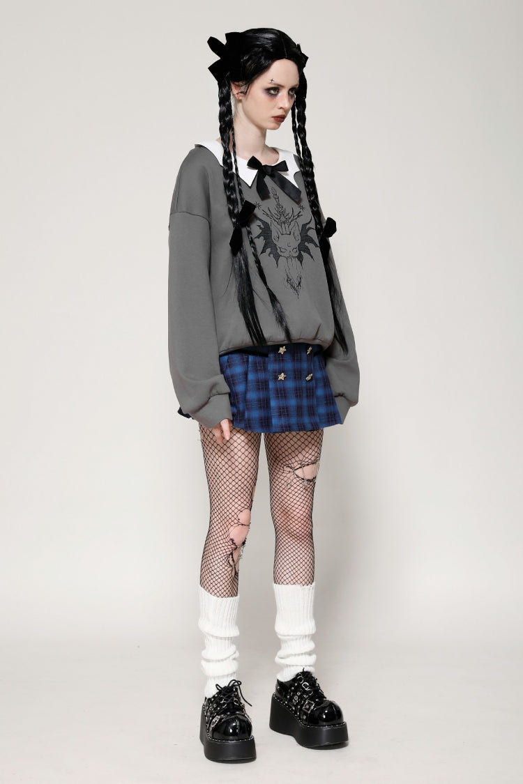 Grey Bowknot Peter Pan Collar Long Sleeves Bat Women's College Style Sweatshirt - Product - 2