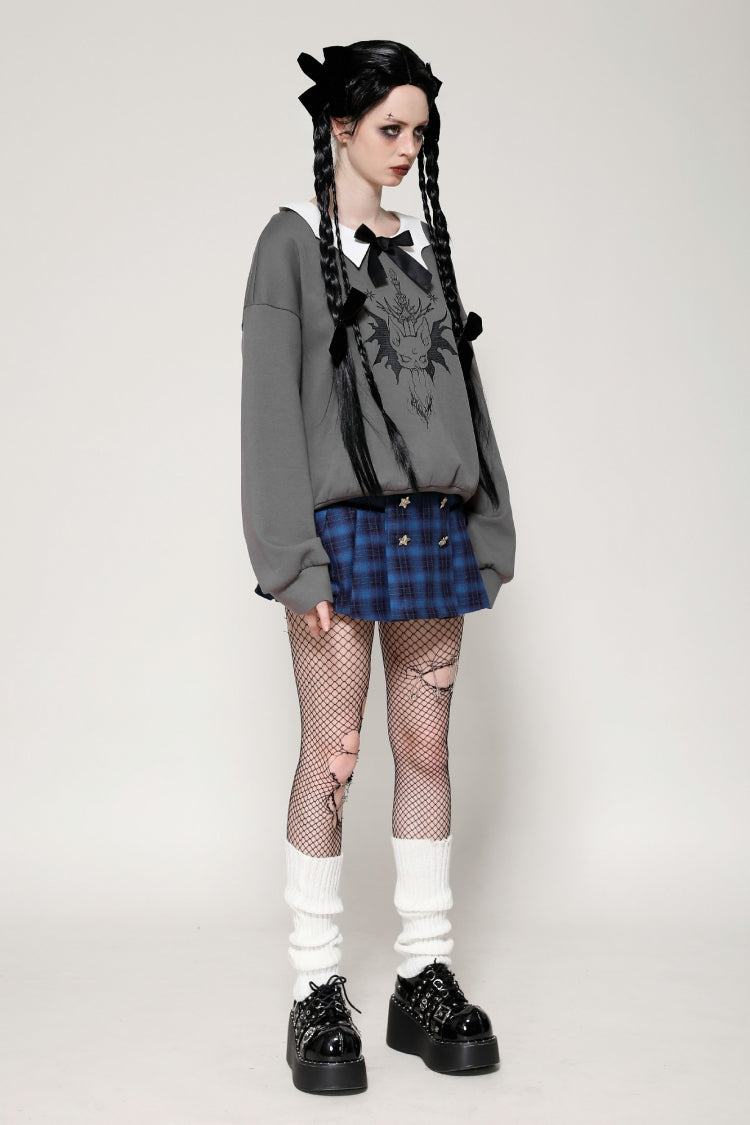 Grey Bowknot Peter Pan Collar Long Sleeves Bat Women's College Style Sweatshirt - Product - 2