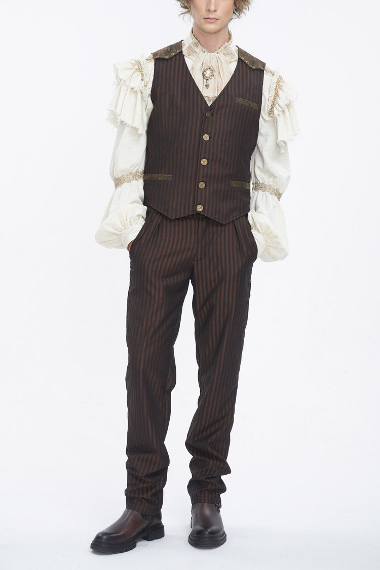 Brown Striped V Collar Stitching Slim Men's Gothic Vest - Brown - 1