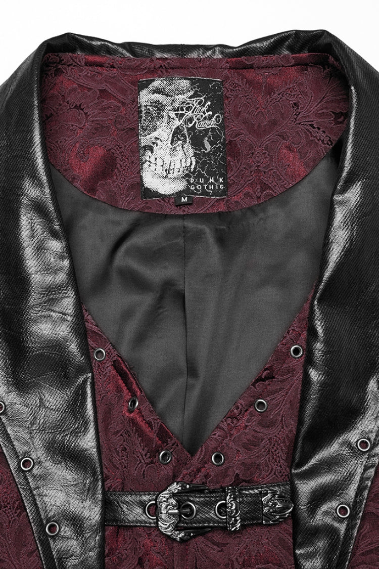 Black/Red Lapel V-neck Sleeveless Jacquard Buckle Men's Gothic Vest - Product - 5