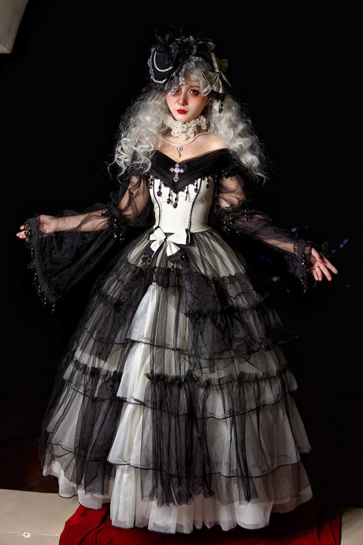 Black/White Ruffle Hanayome Lace Lace-Up Gothic Plus Size Lolita Jsk Dress (Long Version) - Black/White - 1