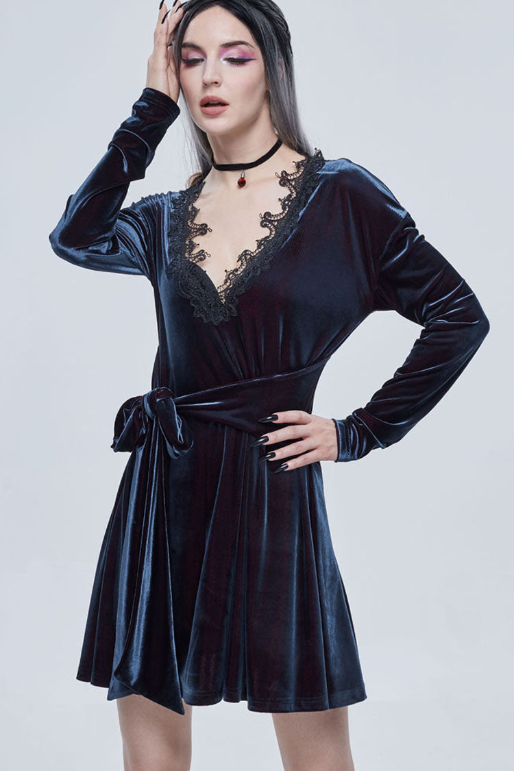 Black/Red Gothic Lace V Neck Bow-Knot Frenulum Velvet Long Sleeve Women's Dress - Product - 2