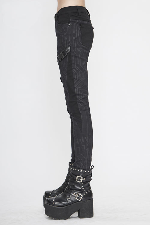 Black Punk Circuit Printed Leather Loops Womens Pants - Product - 4