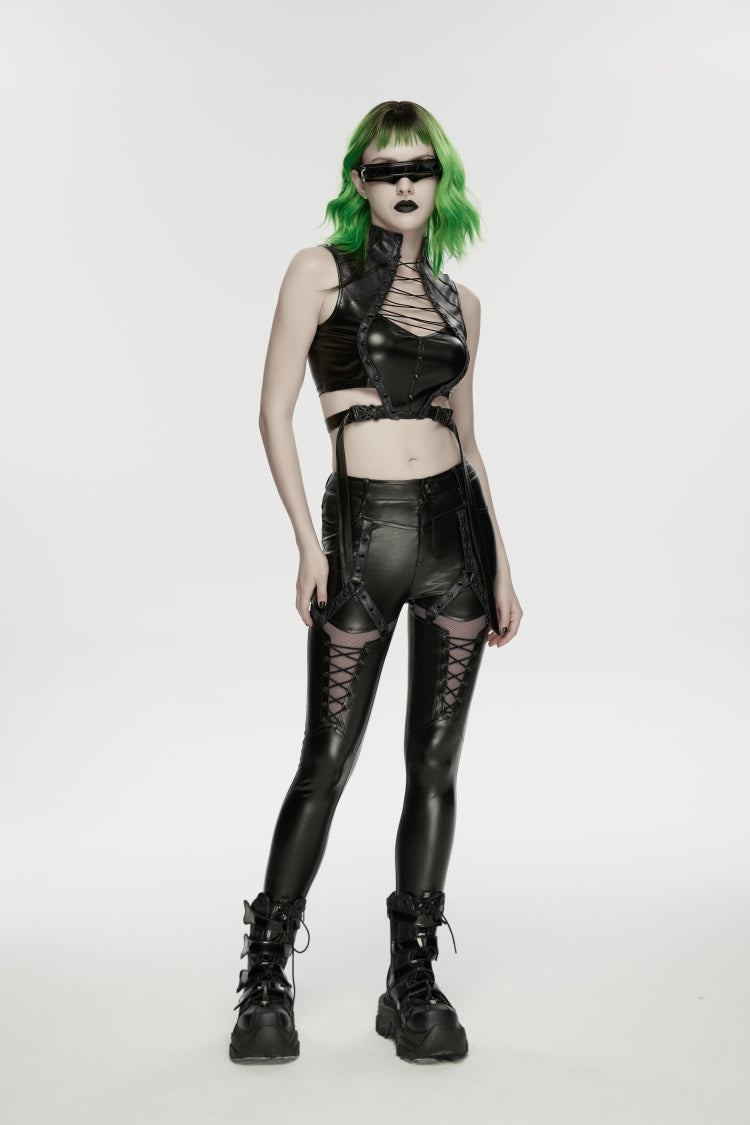 Black Stand Collar Sleeveless Slim Fit Studded Women's Punk Cool Strappy Crop Vest - Product - 5