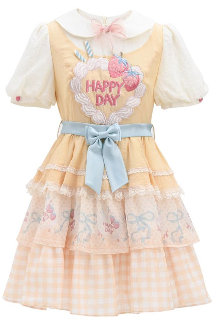 Yellow [Happy Day] Short Sleeves Triple-Layered Print Bowknot Lace Sweet Princess Lolita Dress - Product - 3