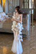 Weiße blühende Feenblume, ärmellos, Schleife, Spitze, schlank, süß (Kleid einzeln), Vorderansicht