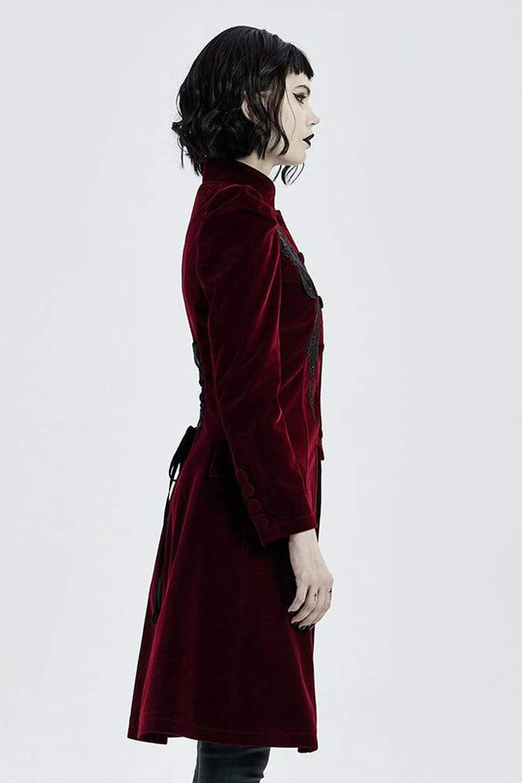 Red Gothic Velvet Stand Up Collar Front Chest Decals Back Waist Lace Up Women's Coat - Product - 2