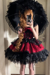Red [Fleishi Island] Sleeveless Ruffle Bowknot Lace Slim Sweet Ballet Lolita Jsk Dress - Product - 4